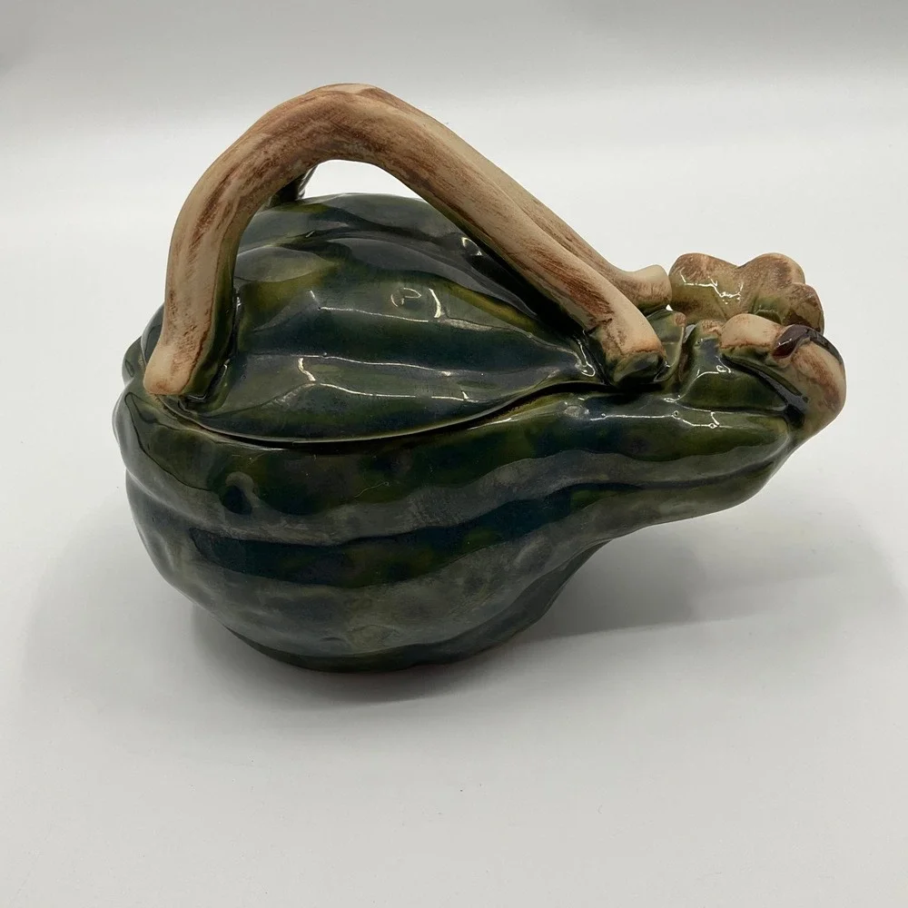 Vintage Botanical Ceramic Gourd Tureen Lidded Bowl Cottagecore Farmhouse Rustic